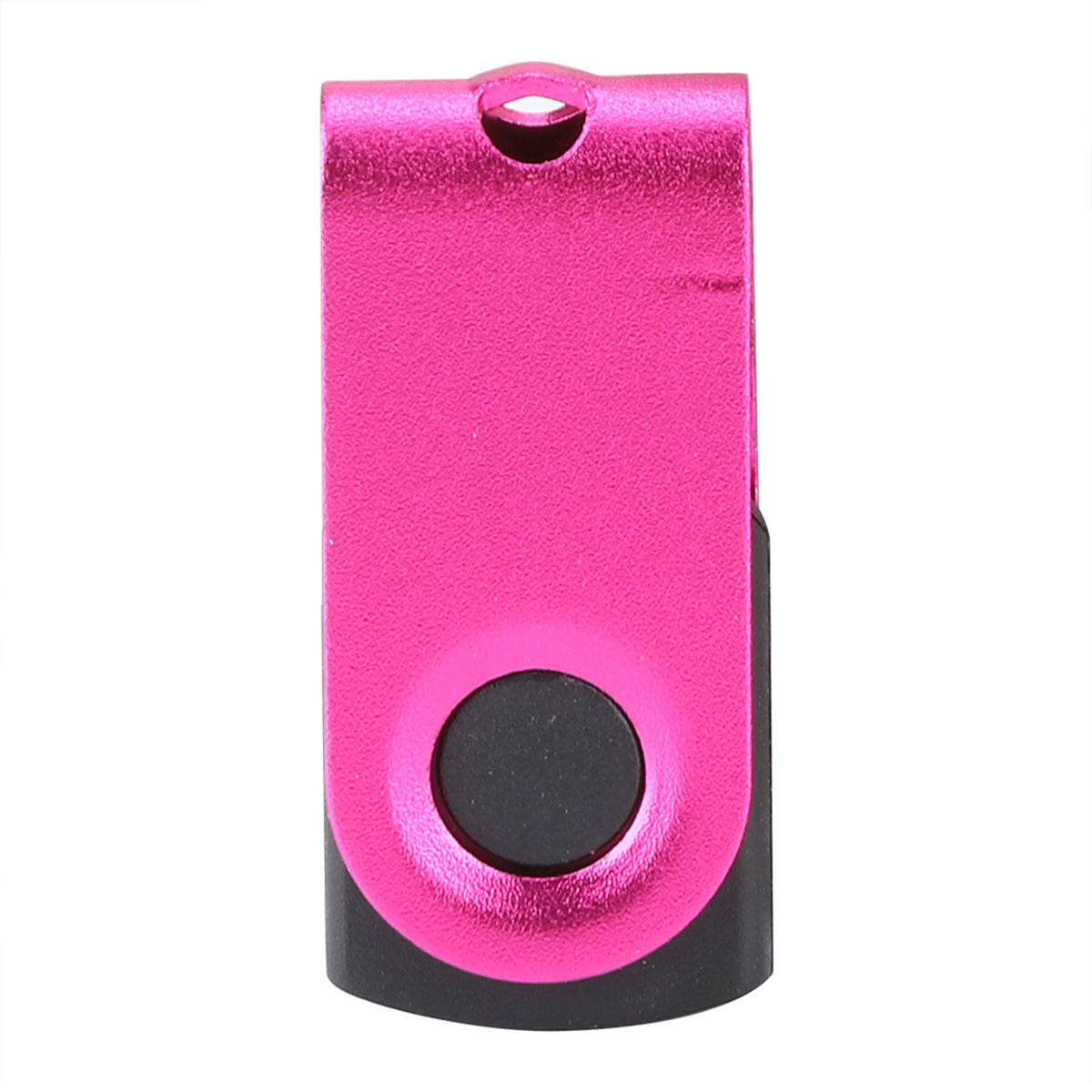 Rosa und schwarzer USB-Stick. Das Design hat eine drehbare Abdeckung und ein Loch für ein Schlüsselband.