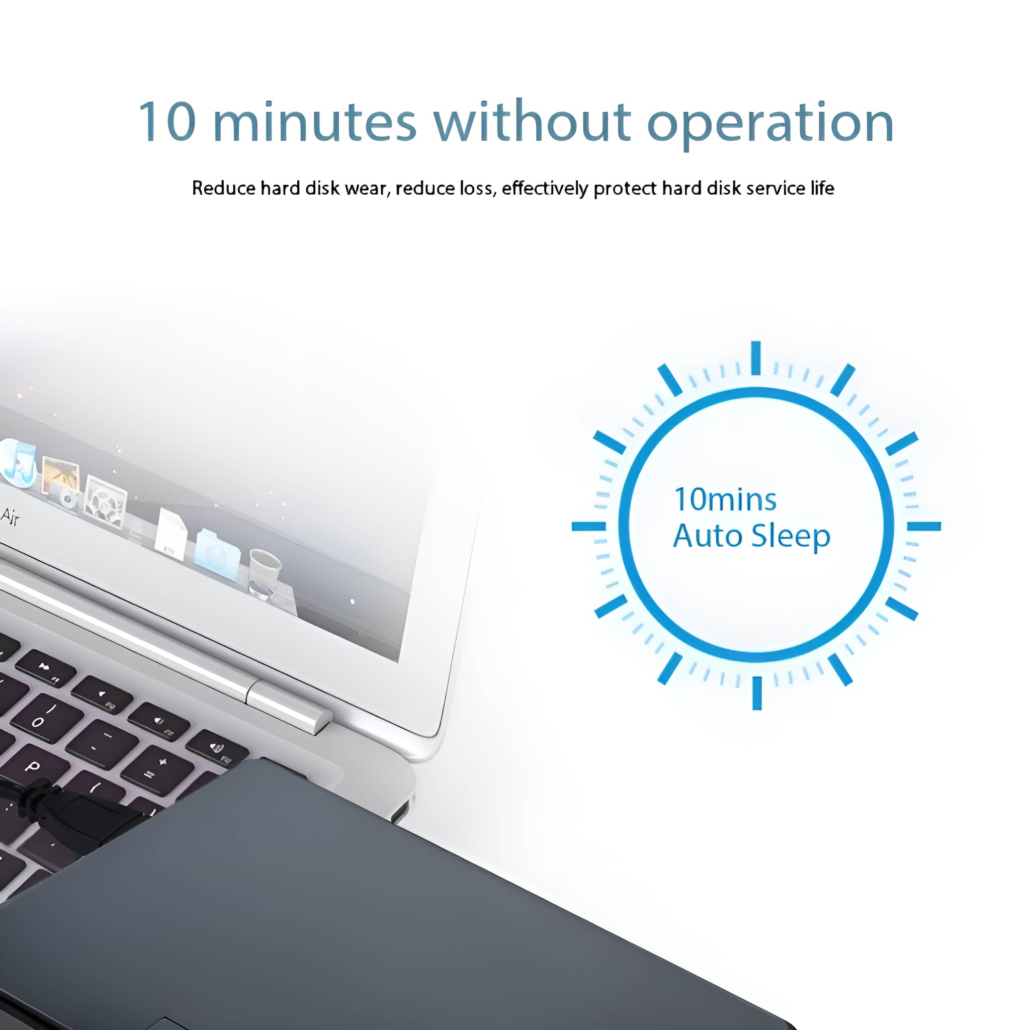 Ein Laptop mit einer Powerbank daneben. Ein blaues kreisförmiges Symbol mit Text: 10 Minuten Auto Sleep.