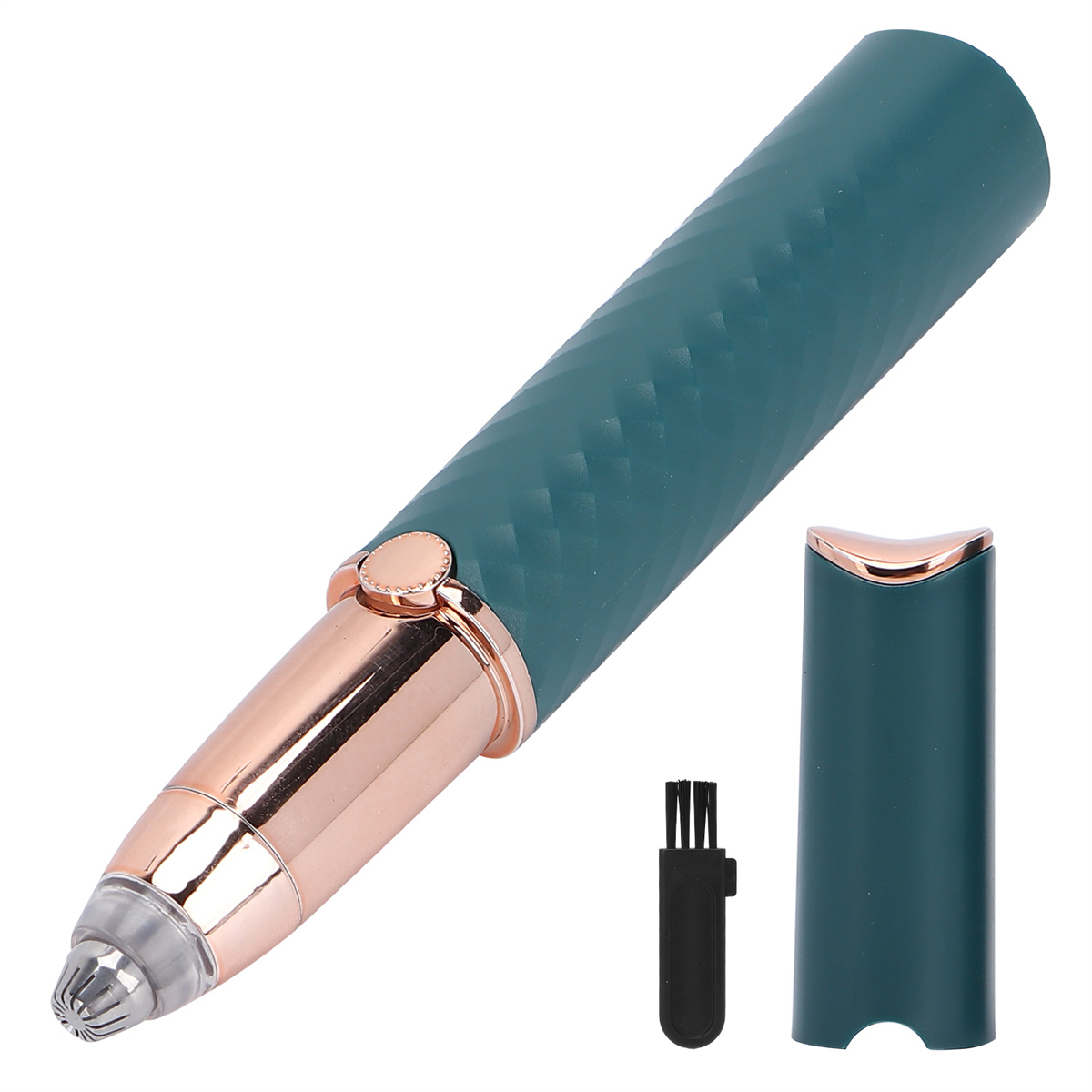 Ein grüner, batteriebetriebener Augenbrauentrimmer mit roséfarbenen Akzenten, einer Reinigungsbürste und einer Abdeckung.