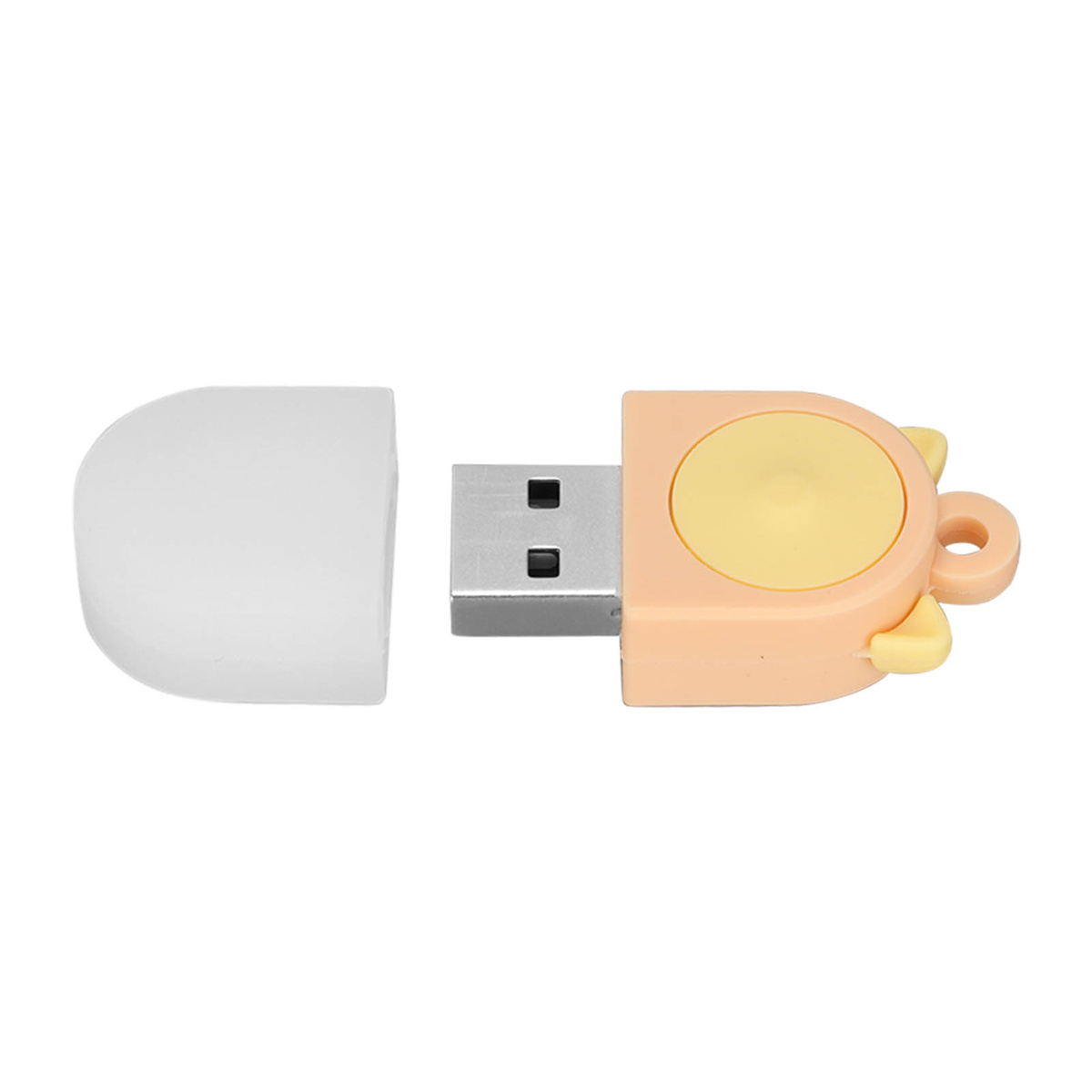 Ein USB-Stick mit hellorange-gelbem Design, mit weißer Kappe.