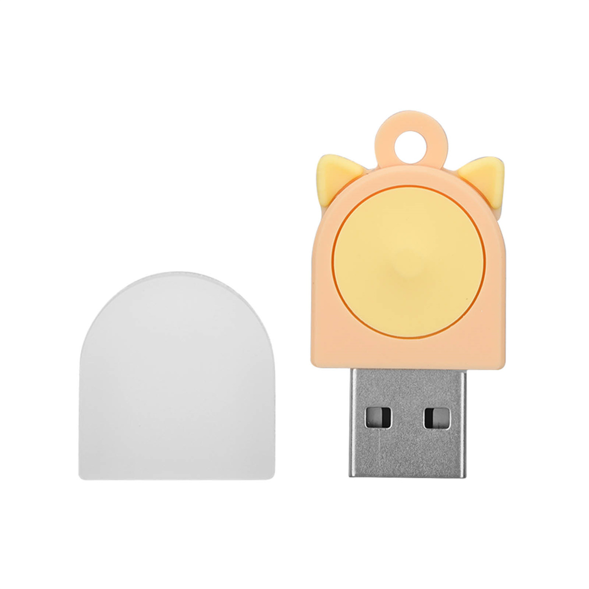 Ein USB-Stick in Form einer Katze mit hellorangefarbenem Körper und weißer Kappe.