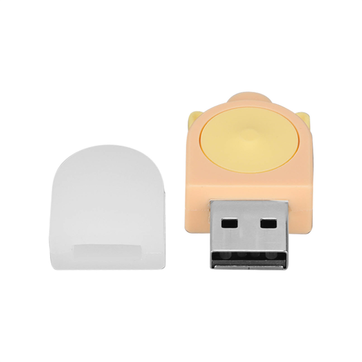 Ein beigefarbener und gelber USB-Stick mit einer Kappe daneben, auf weißem Grund.
