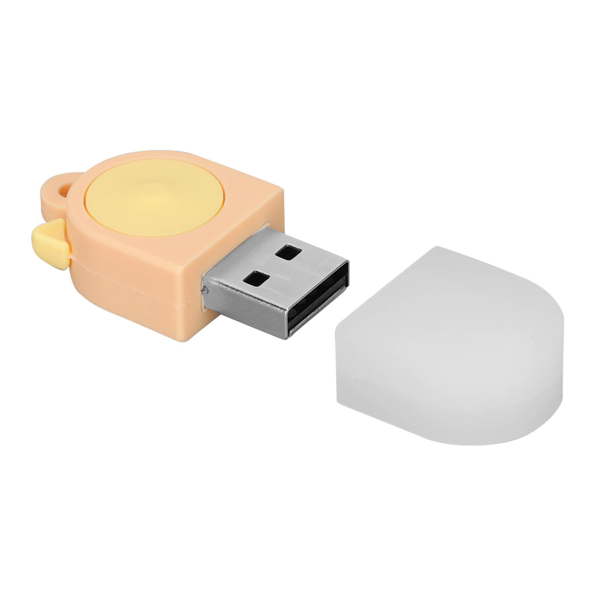 Ein USB-Stick mit gelbem Deckel und metallischem Anschluss, sowie einem abgenommenen Deckel.