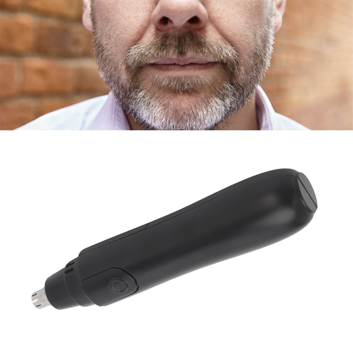 Gesicht eines Mannes und ein schwarzer Nasenhaartrimmer. Ziegelmauer im Hintergrund.