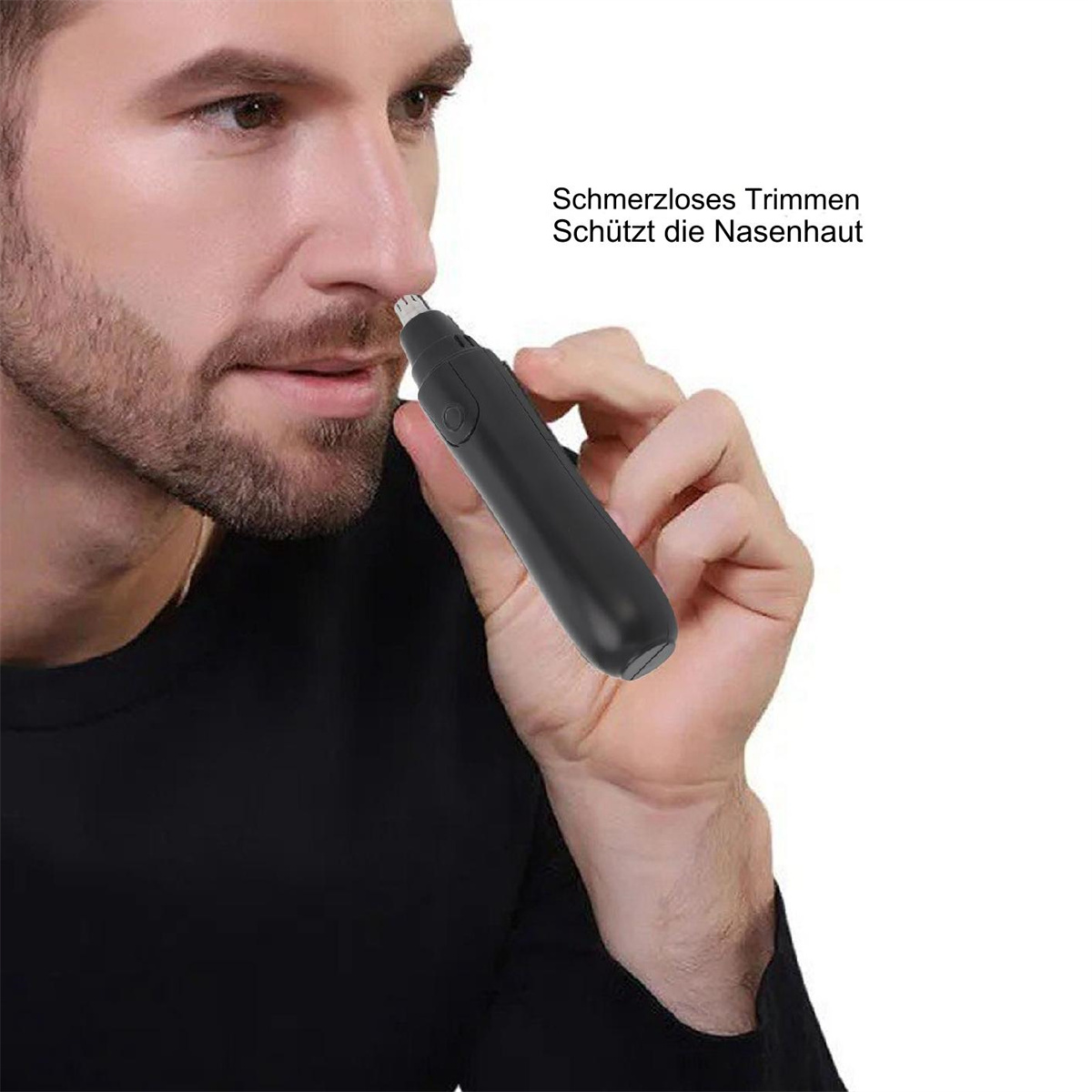Ein Mann benutzt einen schwarzen Nasenhaartrimmer. Der Text besagt, dass es schmerzfrei ist und die Haut schützt.