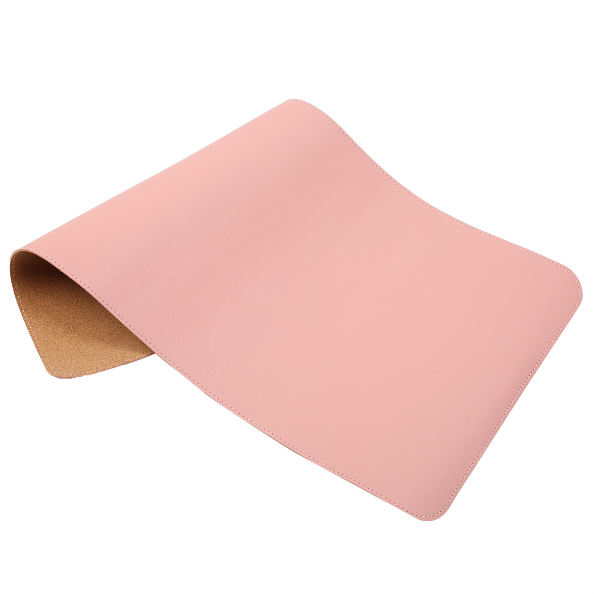 Rosa rechteckige Schreibtischunterlage. Die Matte hat eine abgerundete Form und eine hellbraune Unterseite.