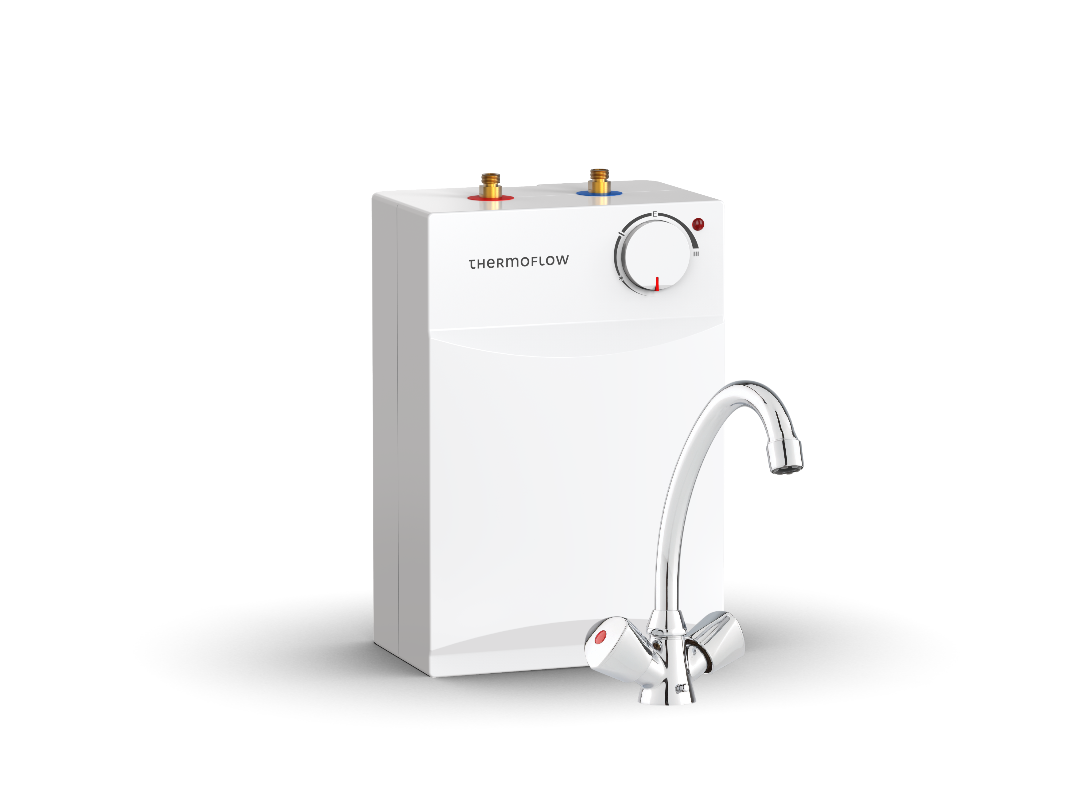 Ein weißer Wassererhitzer mit Thermoflow-Logo und einem Chromwasserhahn davor.