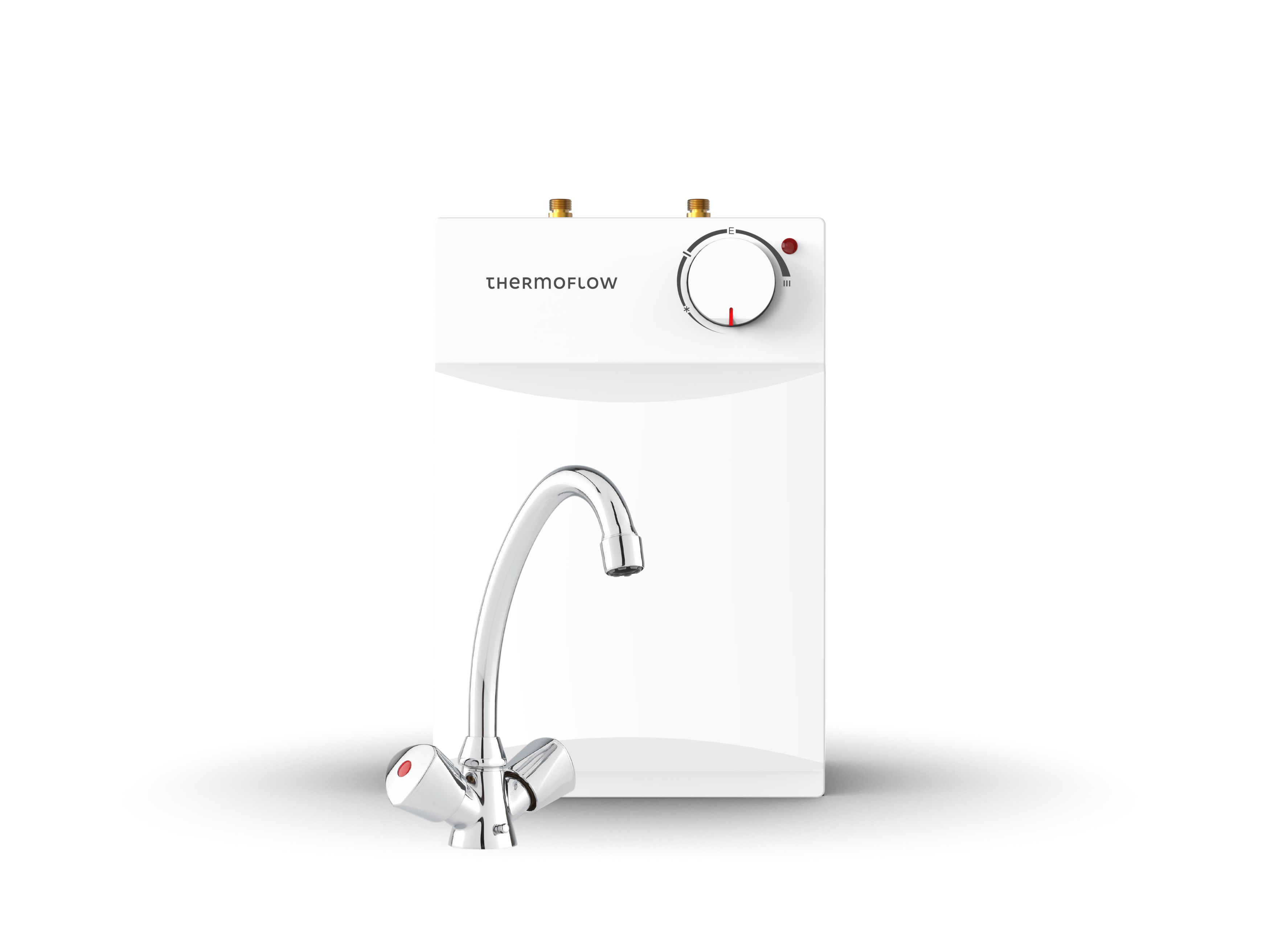 Ein weißer Durchlauferhitzer mit Thermoflow-Logo und einem Chromwasserhahn.