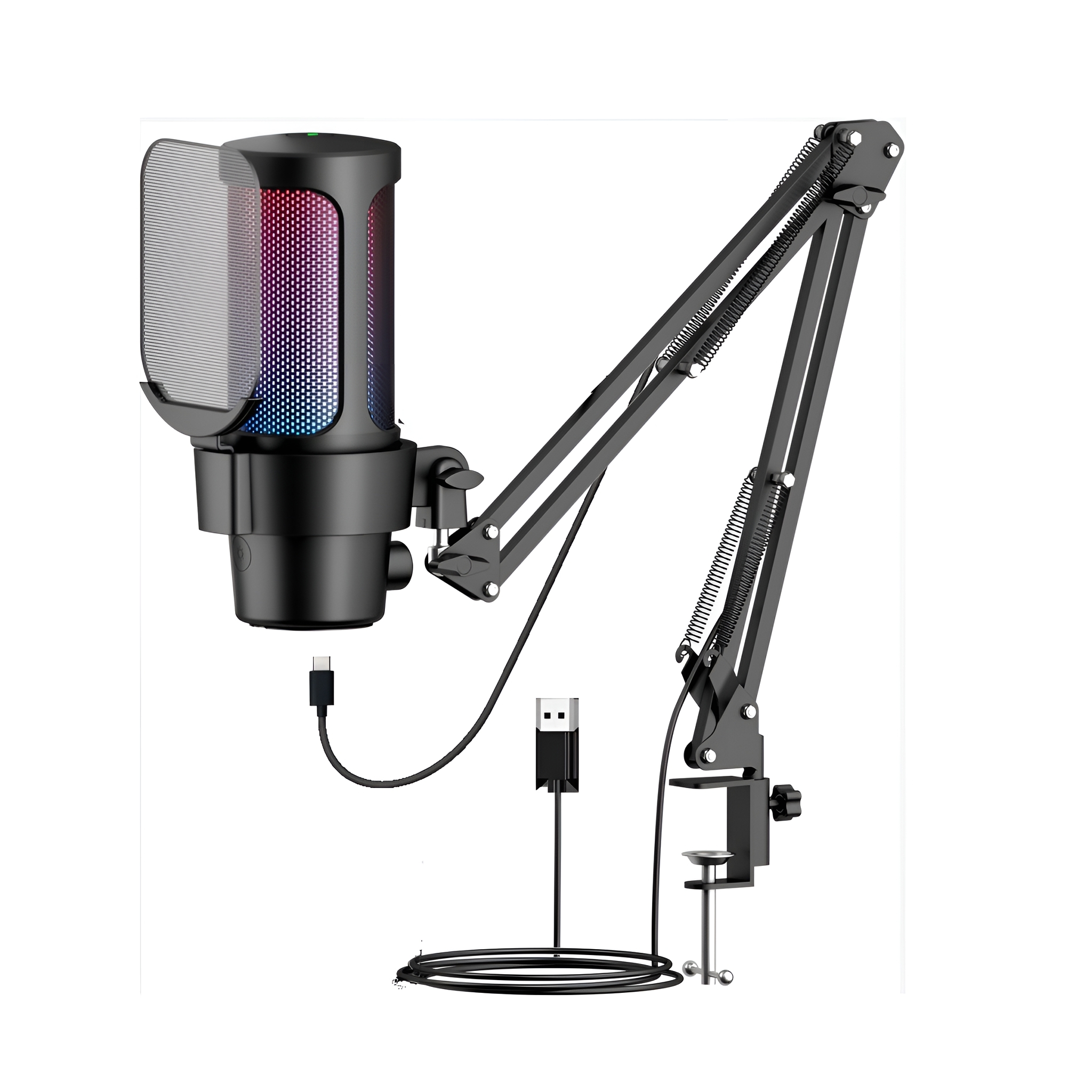 Schwarzes Mikrofon mit Pop-Filter und Ständer. Inklusive USB-Kabel und schwarzer Klemme. Weißer Hintergrund.