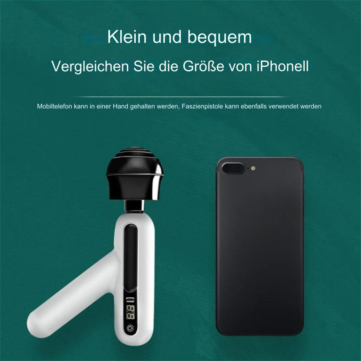 Weißes und schwarzes Massagegerät und ein schwarzes Smartphone auf hellem Hintergrund.