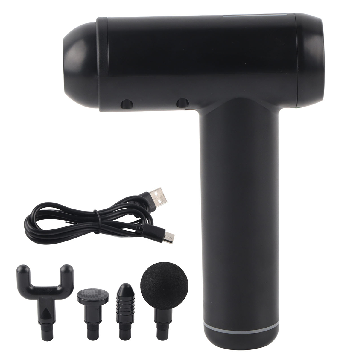 Eine schwarze Massagepistole mit verschiedenen Aufsätzen, darunter ein Ball und eine Gabel.