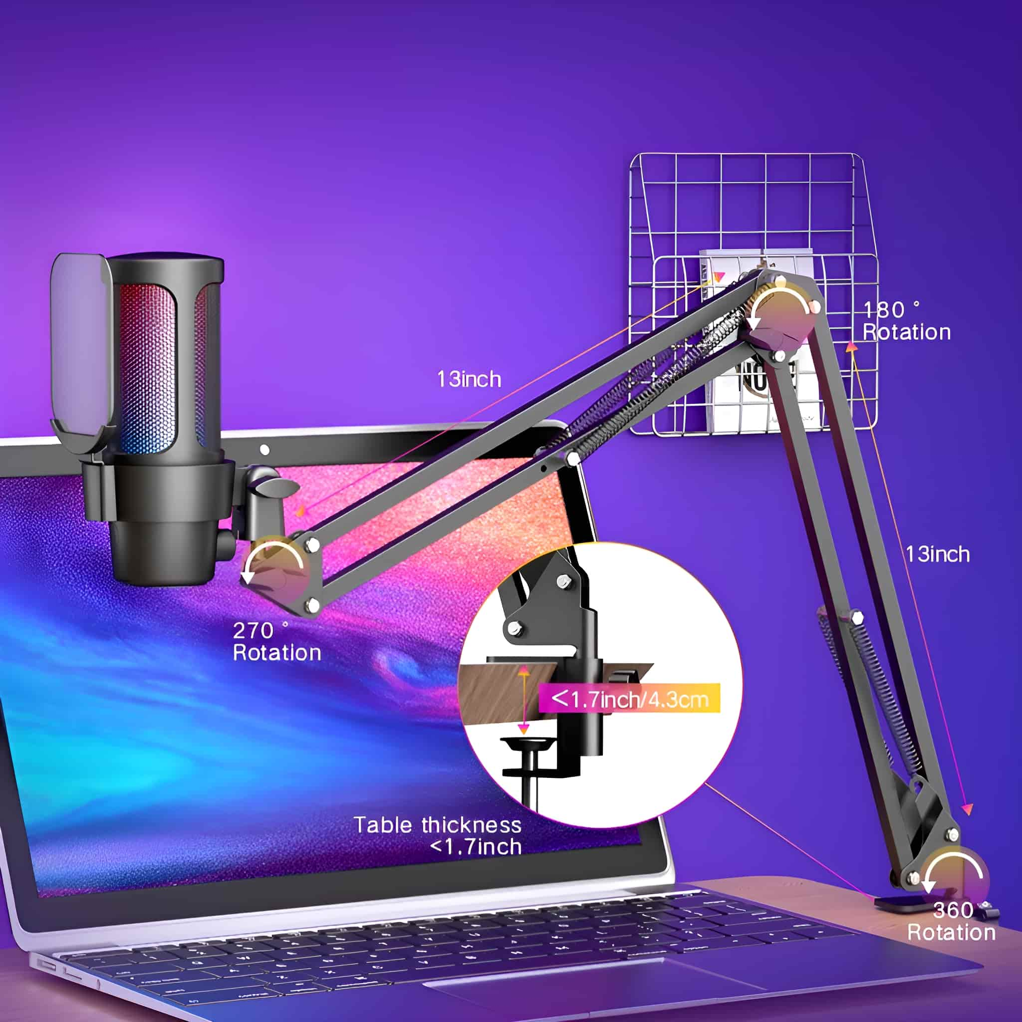 Mikrofonarm-Setup neben einem Laptop. Details zur Drehung und Tischstärke.