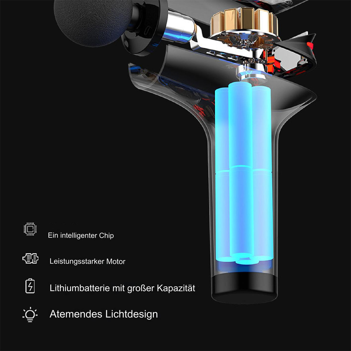 Schnittansicht einer schwarzen Massagepistole mit Innenteilen und blauen Lichtern. Text auf Deutsch.