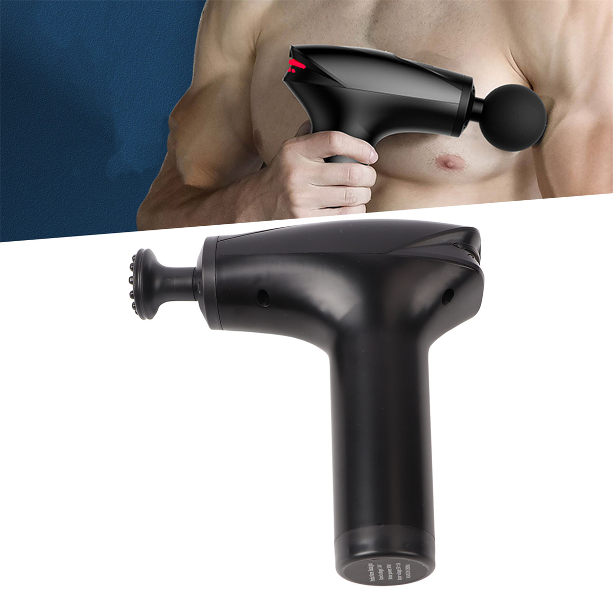Eine schwarze Massagepistole, die auf dem Rücken einer Person verwendet wird, und eine Nahaufnahme der Pistole.