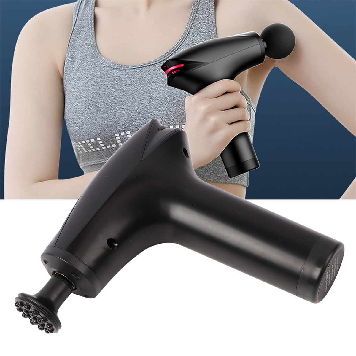 Eine Person benutzt eine schwarze Massagepistole an ihrem Arm. Der Hintergrund ist ein blauer Farbverlauf.