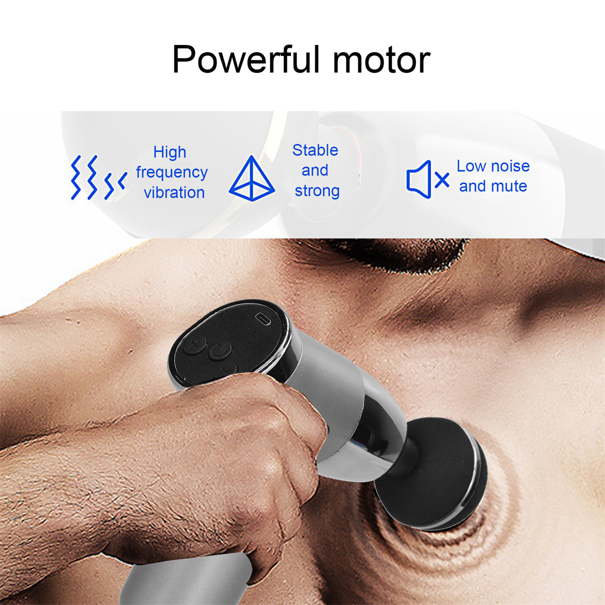 Mann benutzt Massagegerät. Text: Hochfrequente Vibration, stabil, geräuscharm.