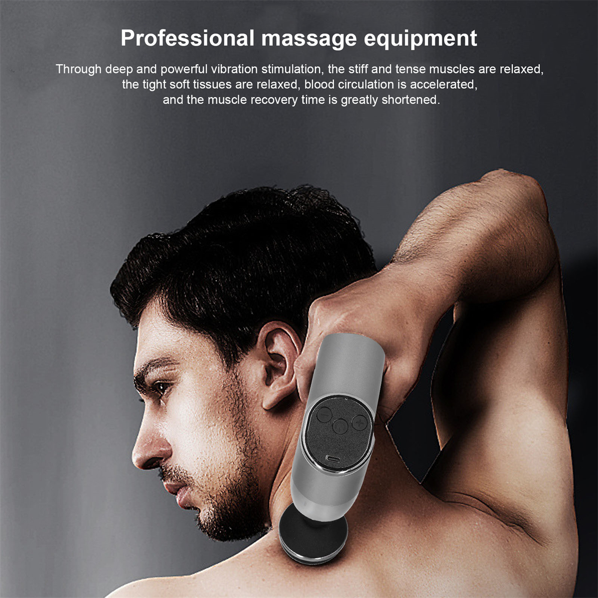 Eine Person bekommt eine Nackenmassage mit einem Gerät. Text sagt: 'Professionelle Massageausrüstung'.