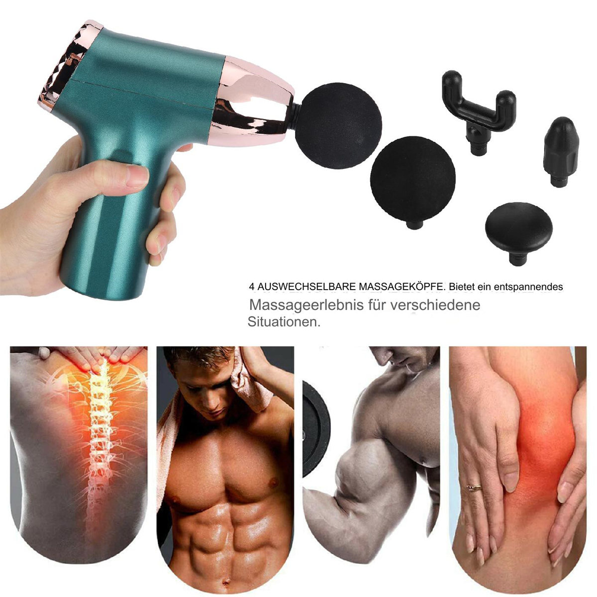 Eine türkisfarbene Handmassagepistole mit 4 Köpfen. Bilder zeigen die Pistole bei der Anwendung an verschiedenen Körperteilen zur Schmerzlinderung.