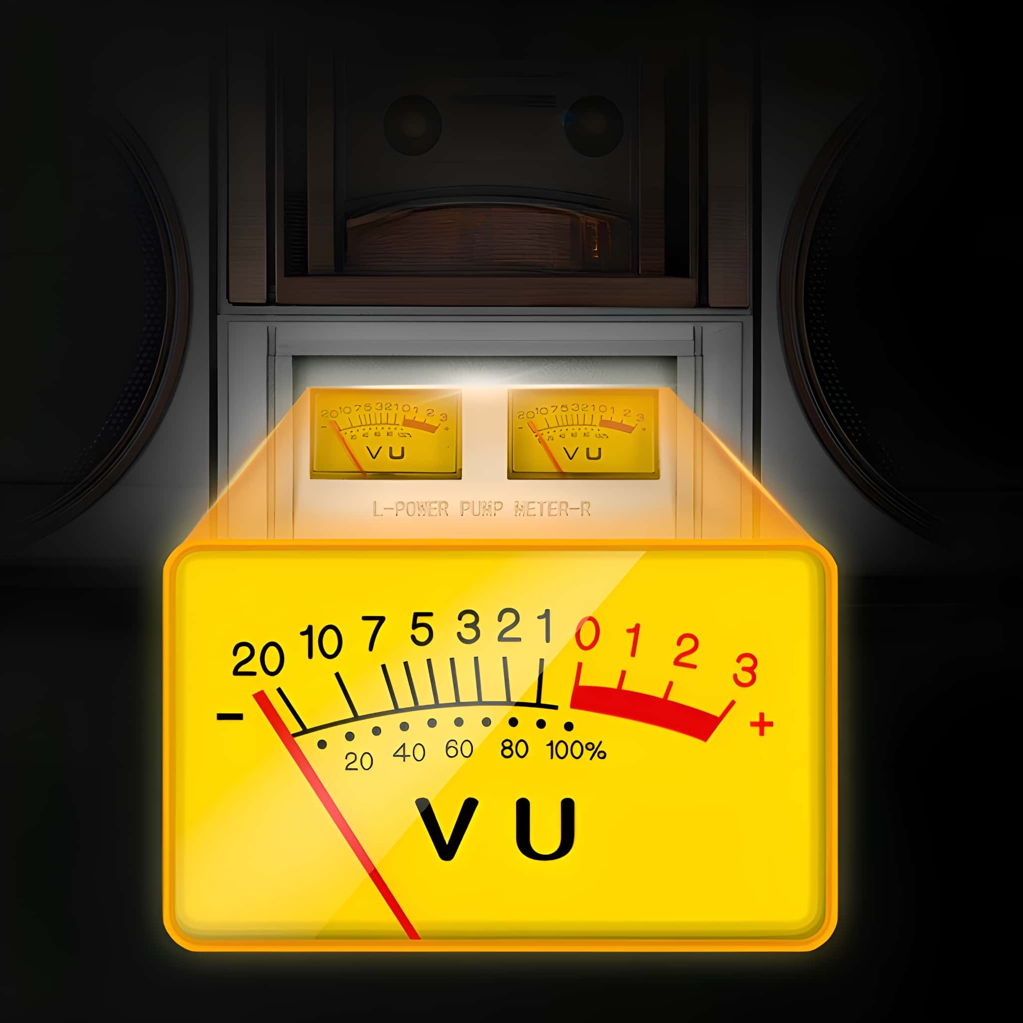 VU-Meter auf gelbem Zifferblatt. Die Nadel zeigt nach rechts. Ein schwarzer Hintergrund.