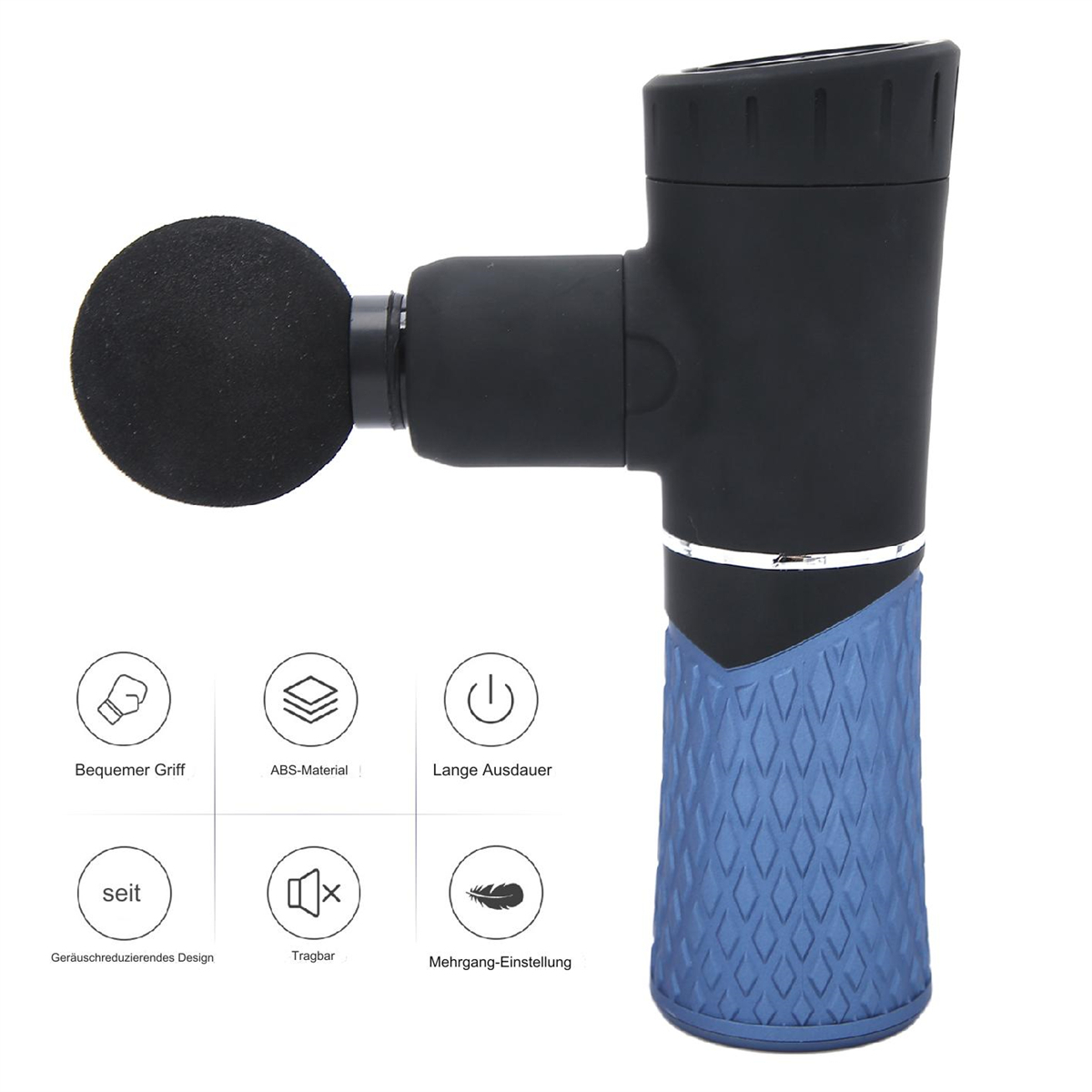 Schwarze und blaue Massagepistole mit Symbolen. Sie hat einen blauen Gummigriff.