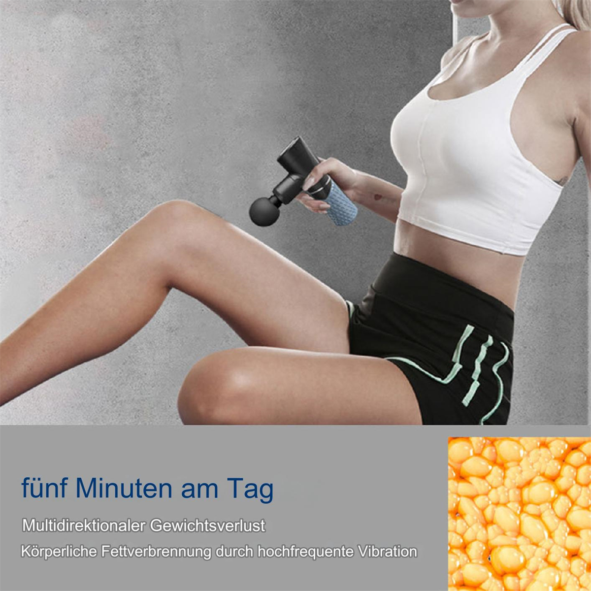 Eine Frau trainiert mit einer Massagepistole. Text auf Deutsch unten.