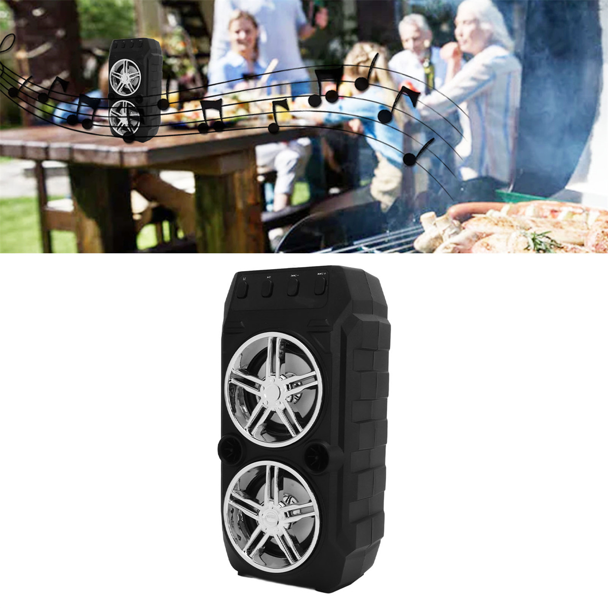 Ein schwarzer Lautsprecher spielt Musik in der Nähe von Leuten beim Grillen. Notensymbole erscheinen.