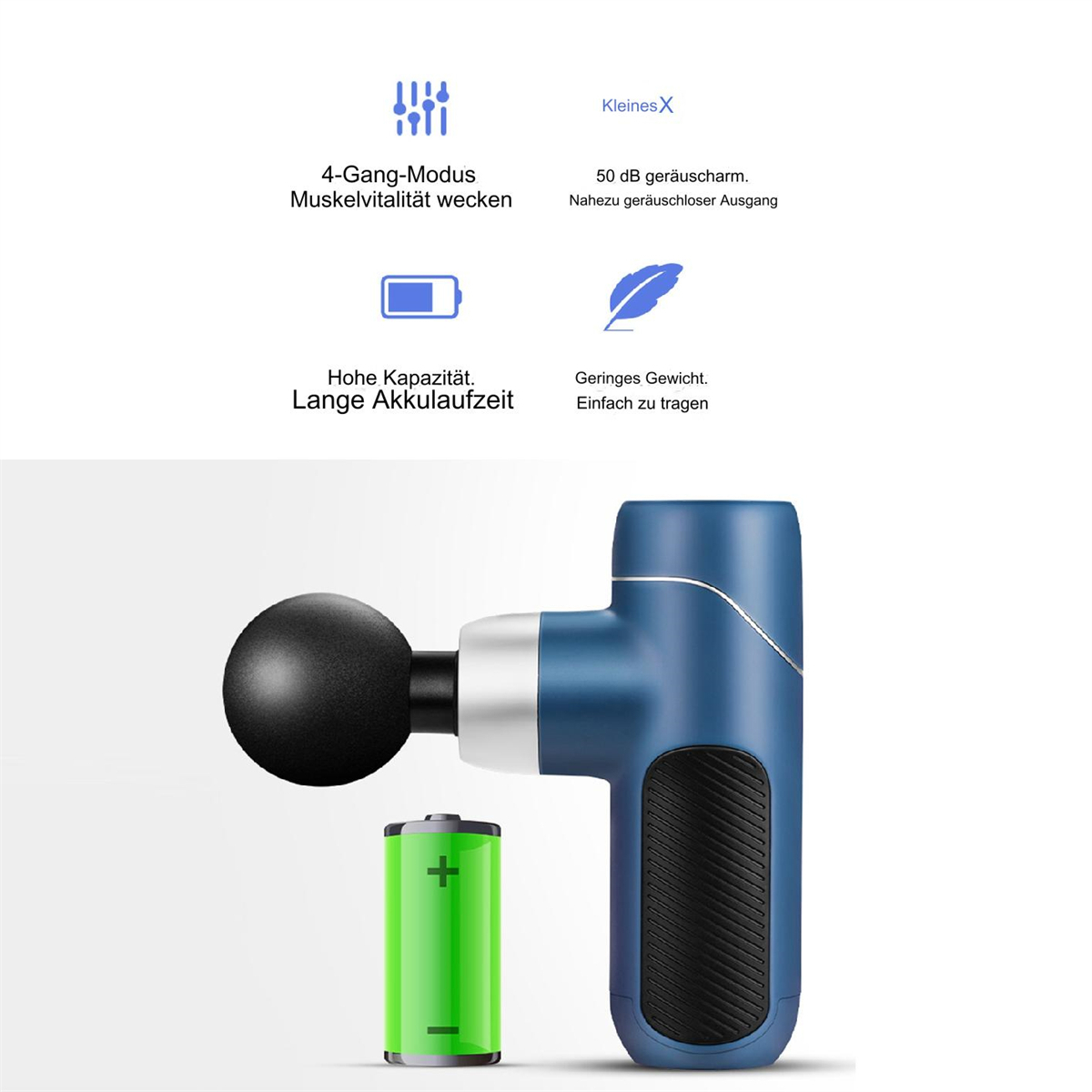 Eine dunkelblaue Massagepistole mit schwarzem Kugelkopf und grüner Batterie.