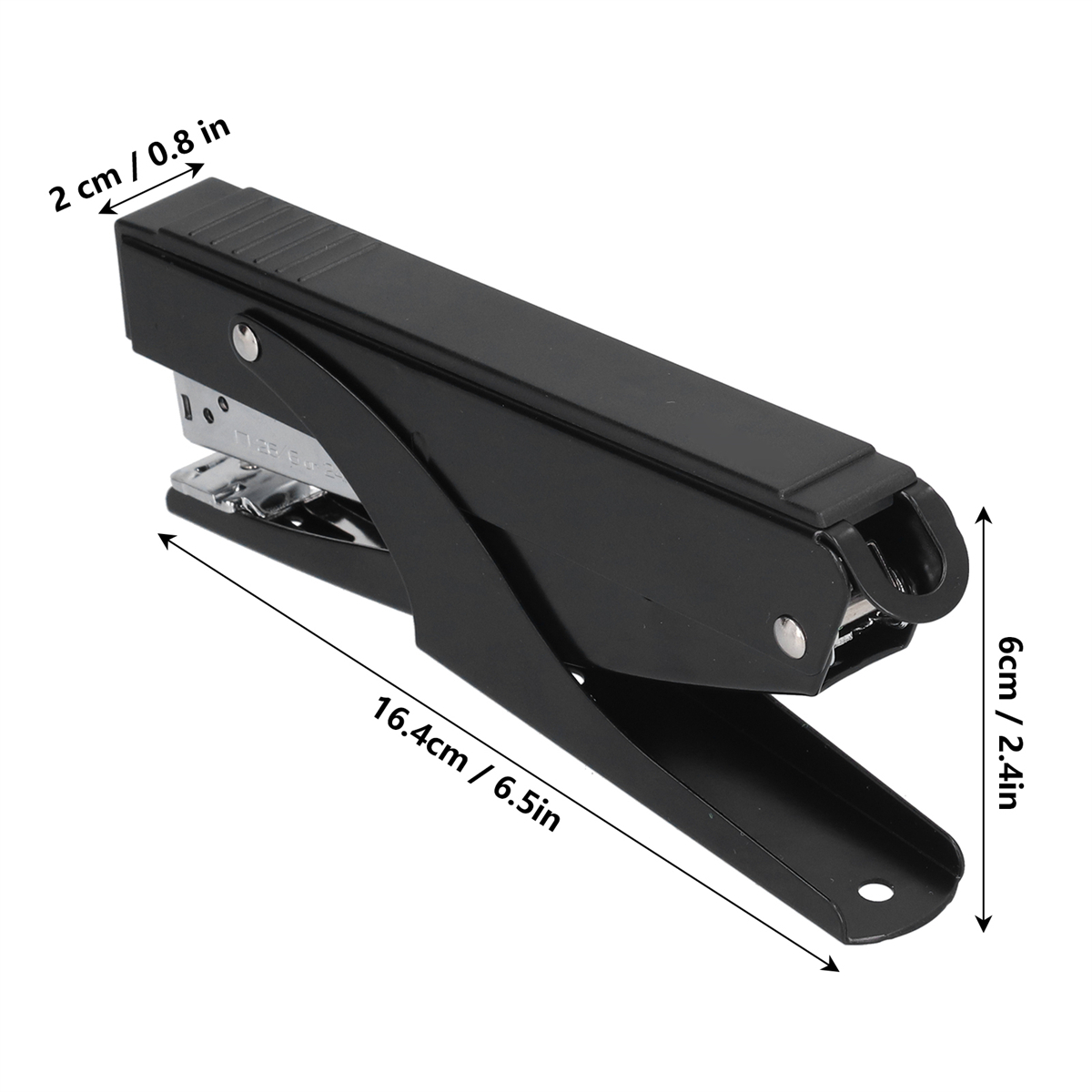 Schwarzer Tacker mit Maßen in cm und Zoll.