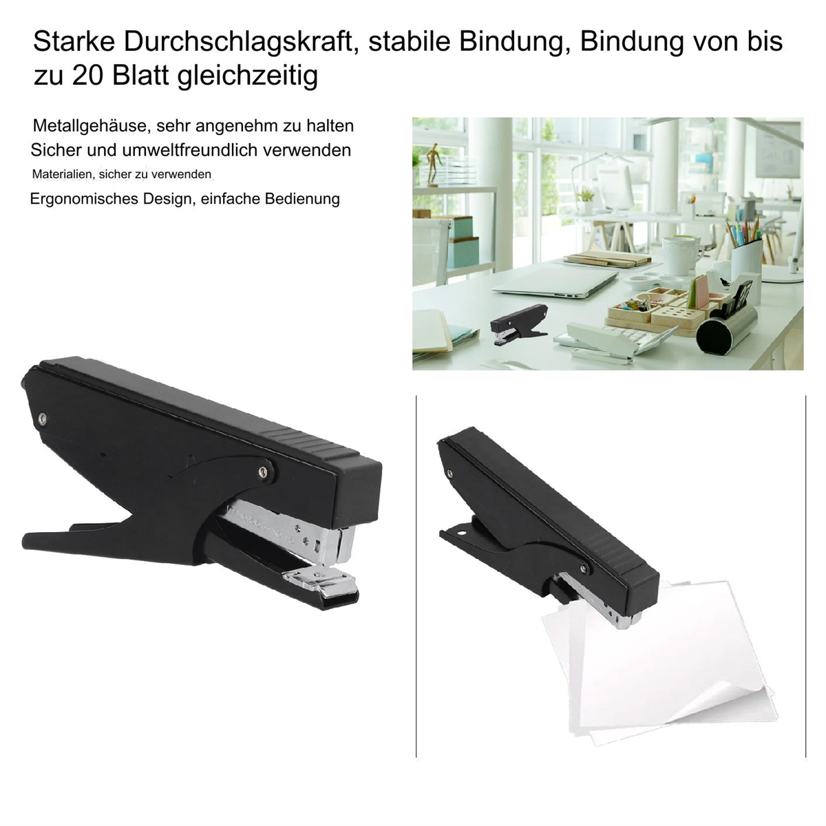 Ein schwarzer Tacker und weißes Papier. Es gibt Text auf Deutsch über die Eigenschaften des Tackers.
