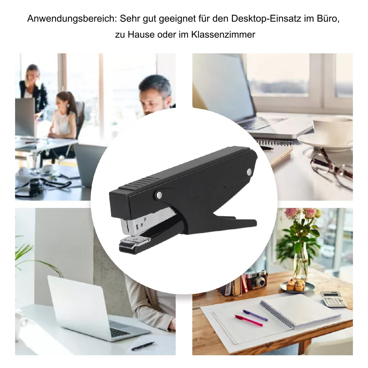 Schwarzer Tacker mit Text und Bildern von Menschen, die in einer Büroumgebung arbeiten.