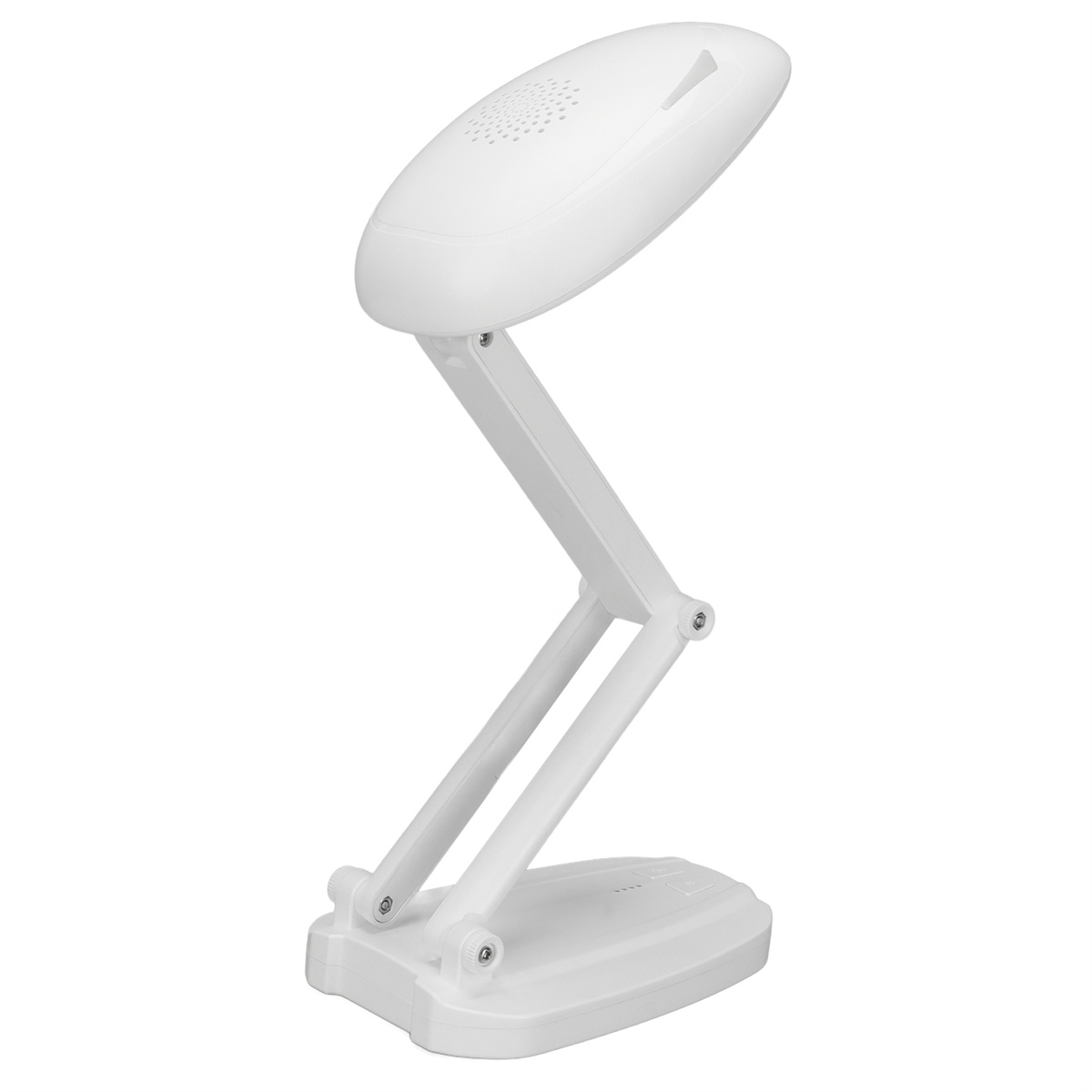 Weiße, faltbare Schreibtischlampe auf weißer Oberfläche.