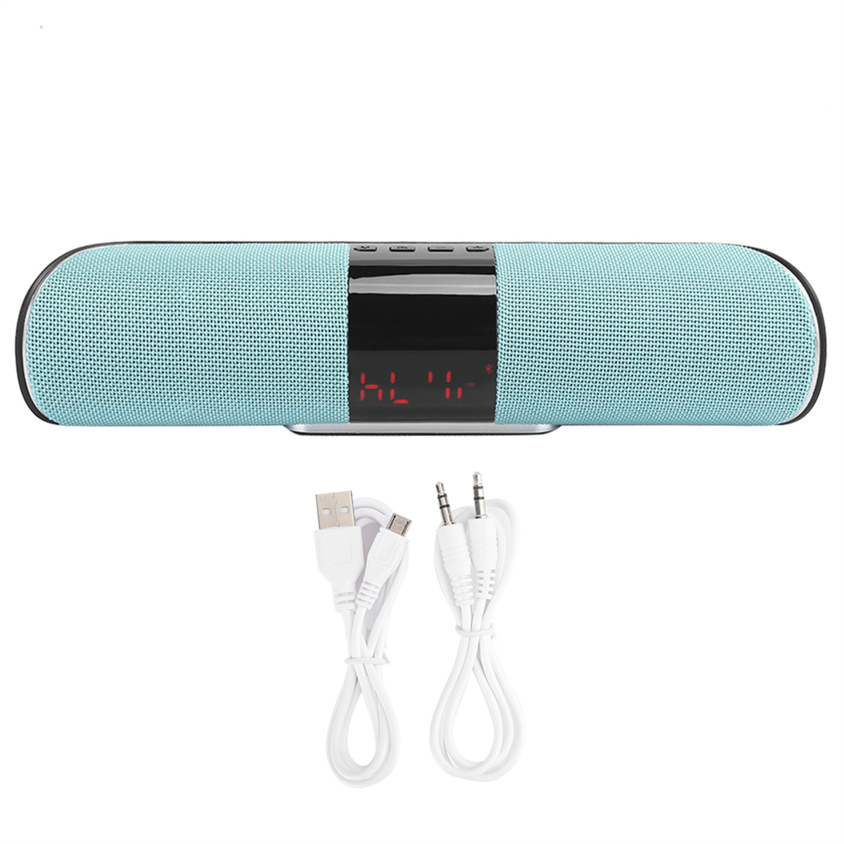 Blauer Lautsprecher mit digitaler Anzeige und USB/Audiokabeln, auf weißem Grund.
