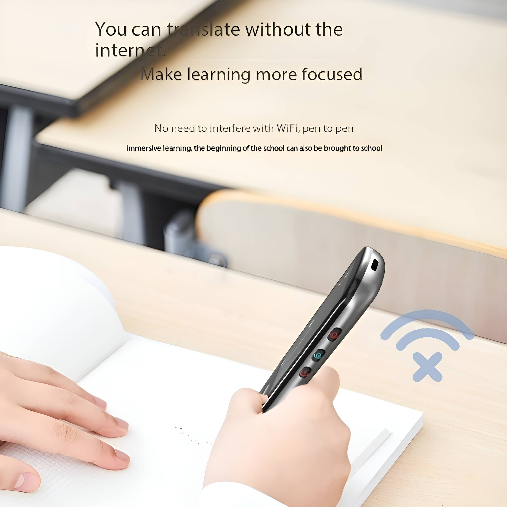 Stift mit Knöpfen und kleinem Bildschirm über Notizbuch. WLAN-Symbol vorhanden.