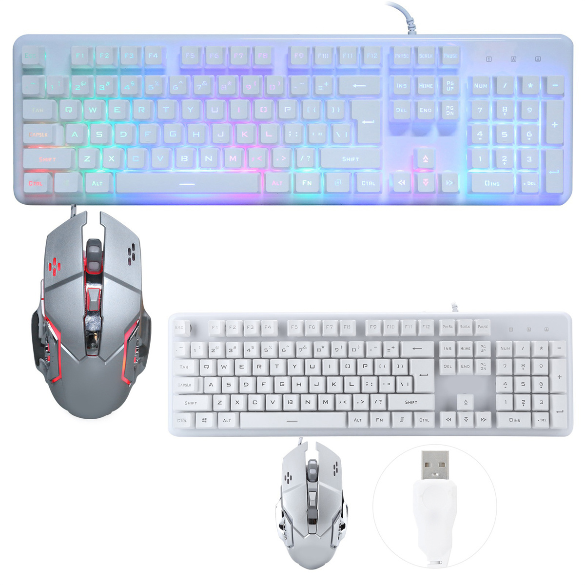 Zwei Computertastaturen und -mäuse. Eine ist weiß mit RGB-Beleuchtung, die andere weiß und grau. Ein USB-Anschluss ist abgebildet.
