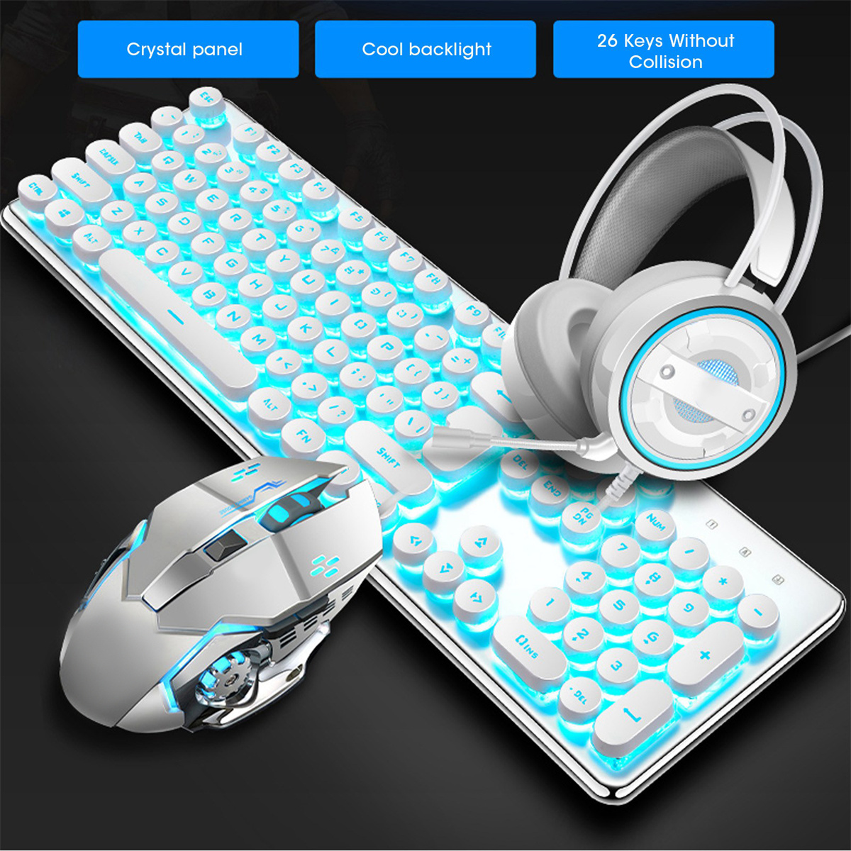 Weiße Tastatur, Maus und Kopfhörer. Die Tastatur hat blaue Hintergrundbeleuchtung und runde Tasten. Die Maus hat Hintergrundbeleuchtung.