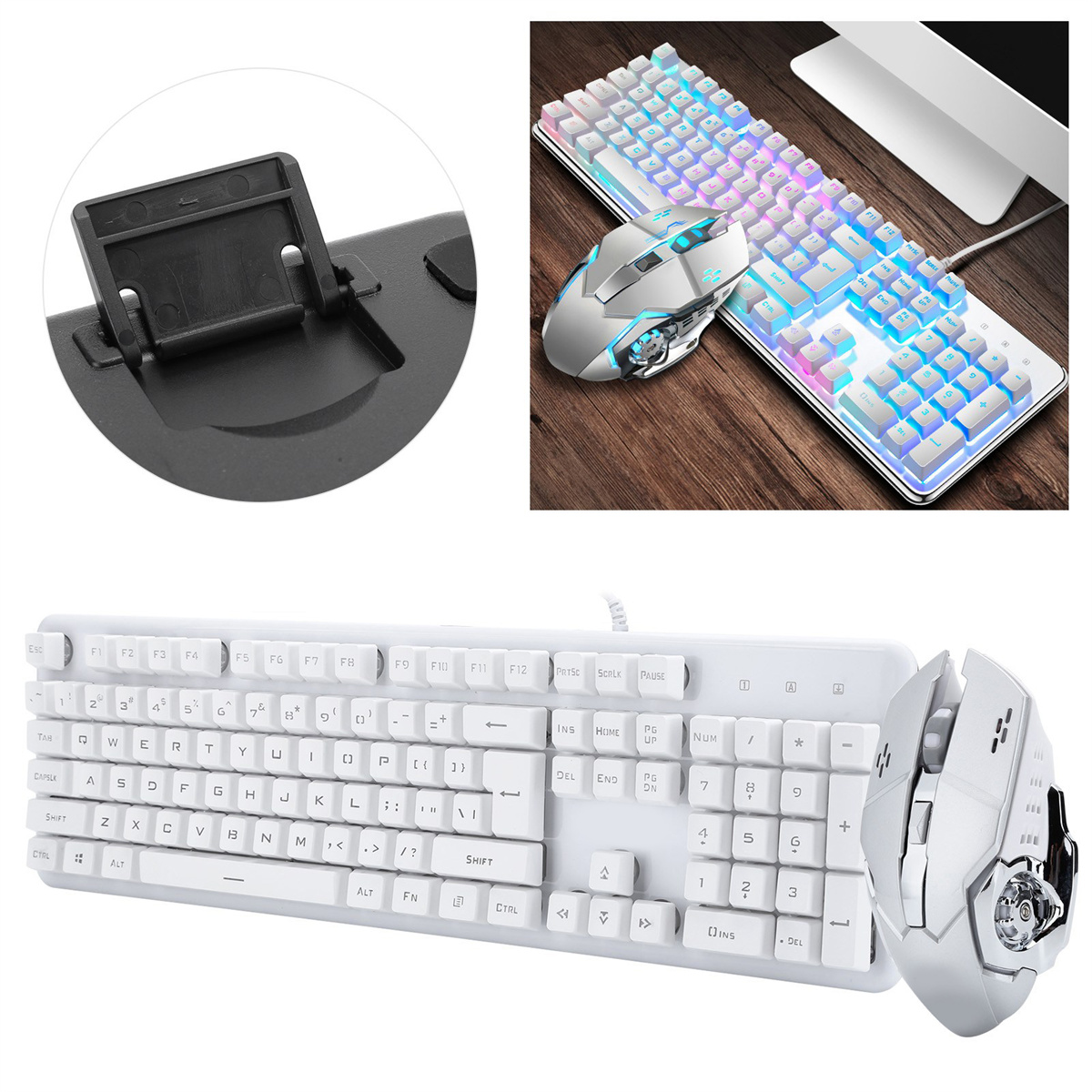 Ein weißes Tastatur- und Maus-Set mit Tastaturdetail. Ein Gaming-Setup mit RGB-Beleuchtung.
