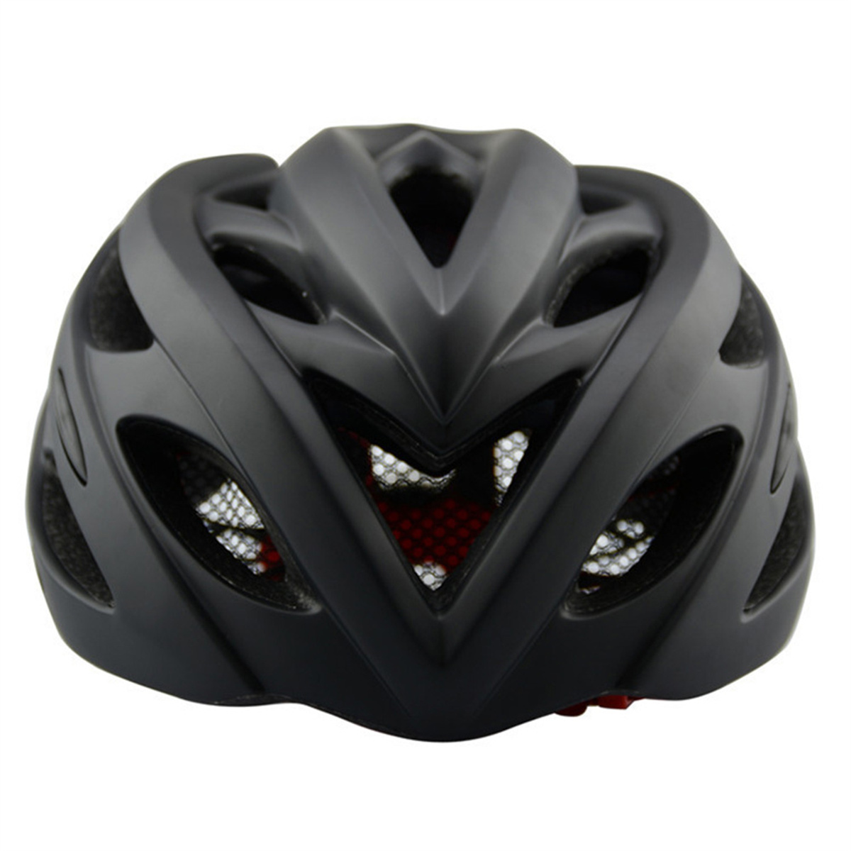 Schwarzer Fahrradhelm. Der Helm hat Belüftungslöcher und rote Akzente hinten. Er hat ein schlankes, aerodynamisches Design.