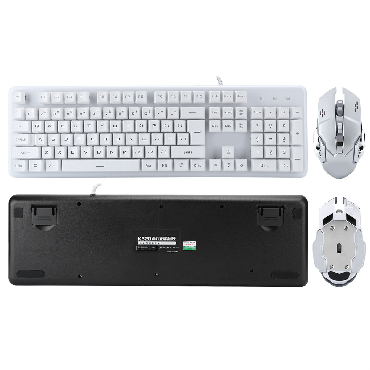 Weiße Tastatur mit weißen Tasten und eine weiße Gaming-Maus. Ansicht der Unterseite der Tastatur.