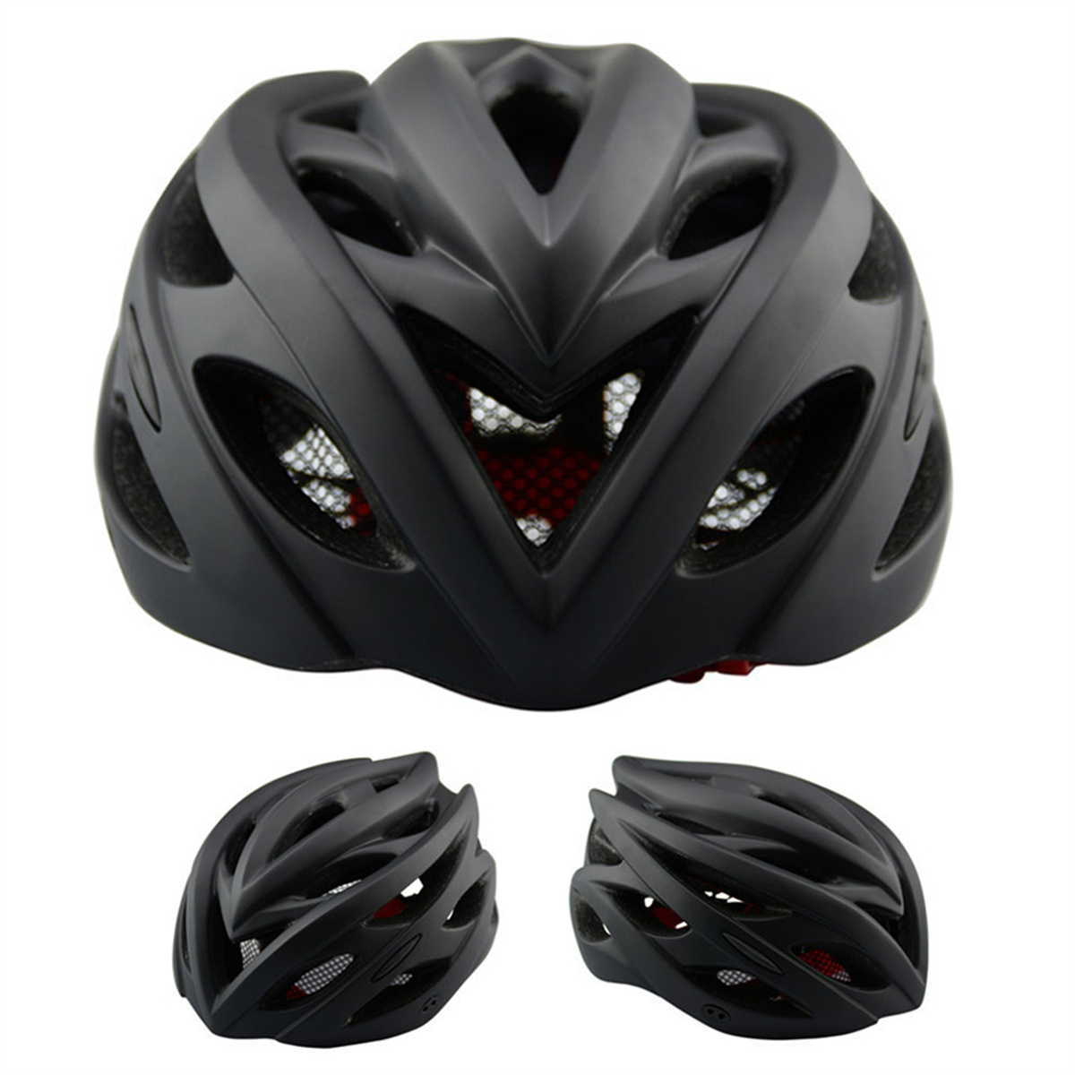 Ein schwarzer Fahrradhelm. Es gibt drei Ansichten des Helms, darunter eine Draufsicht und zwei Seitenansichten.