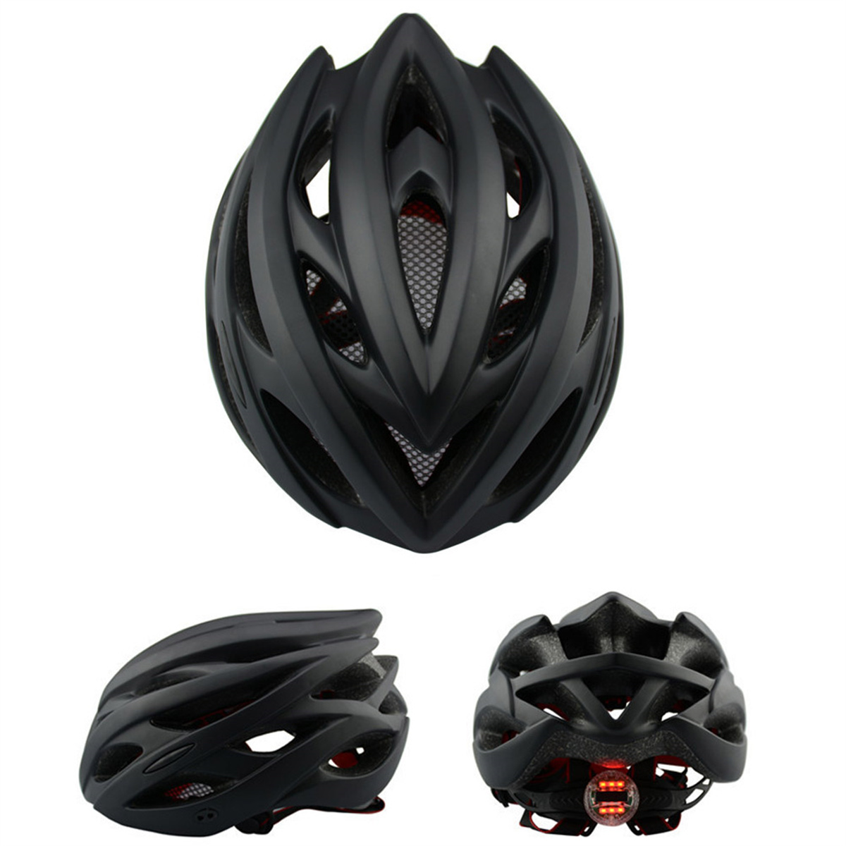 Ein schwarzer Fahrradhelm mit mehreren Ansichten. Er hat Belüftungsöffnungen und ein rotes Rücklicht.