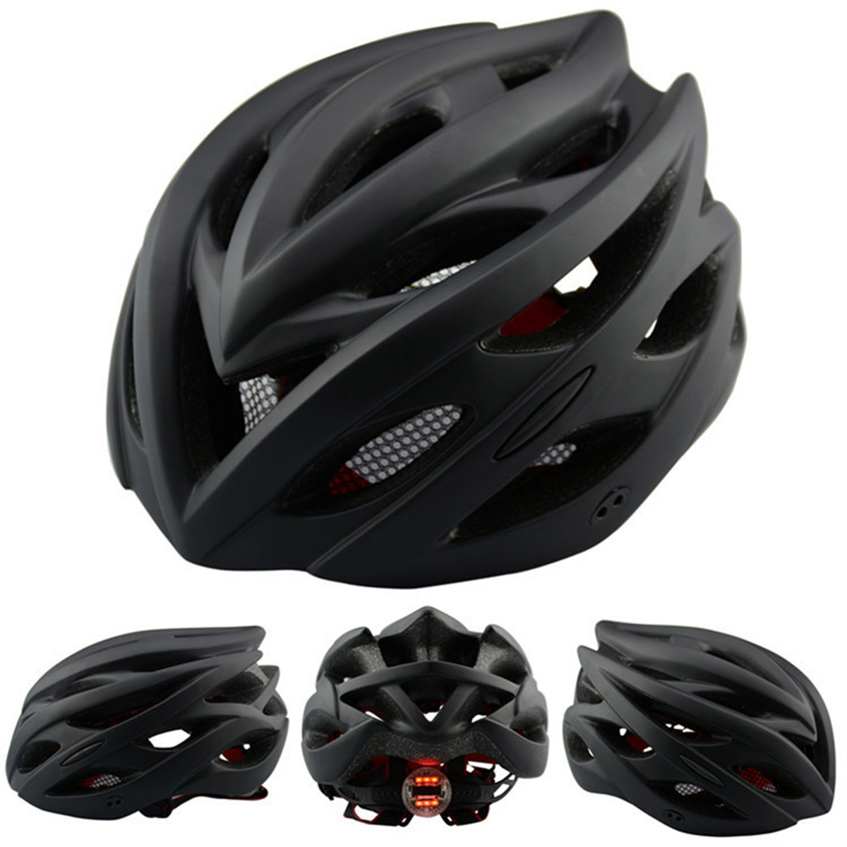 Schwarzer Fahrradhelm mit Ansichten. Mit Luftschlitzen und Rücklicht.