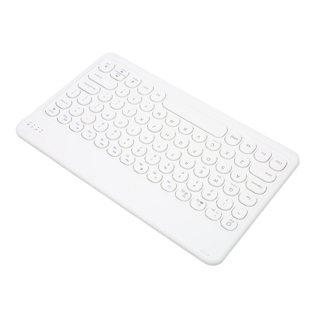 Weiße, kabellose Tastatur mit runden Tasten auf weißem Hintergrund.