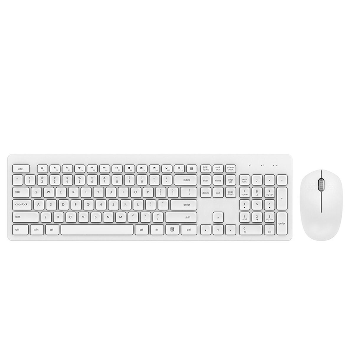 Weißes kabelloses Tastatur- und Maus-Set. Die Tastatur hat Standardtasten und einen Nummernblock.