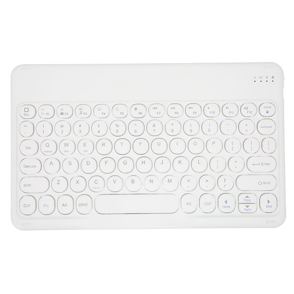 Weiße kabellose Tastatur mit vielen Tasten. Das Layout umfasst Funktionstasten und Steuertasten.