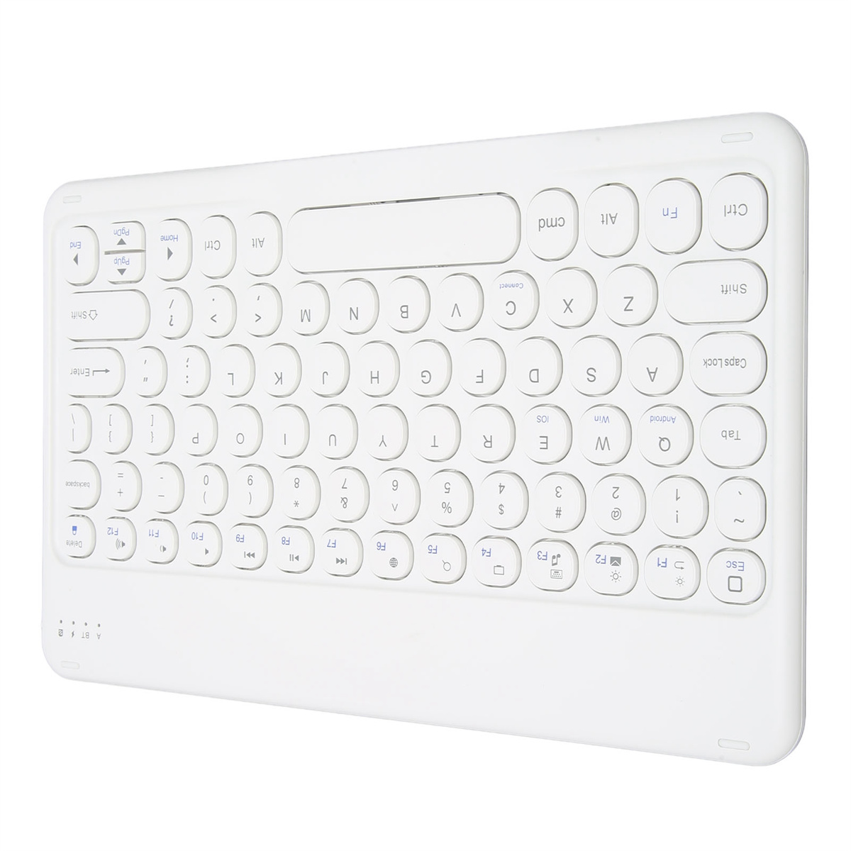 Weiße kabellose Tastatur mit runden Tasten und einem Touchpad.