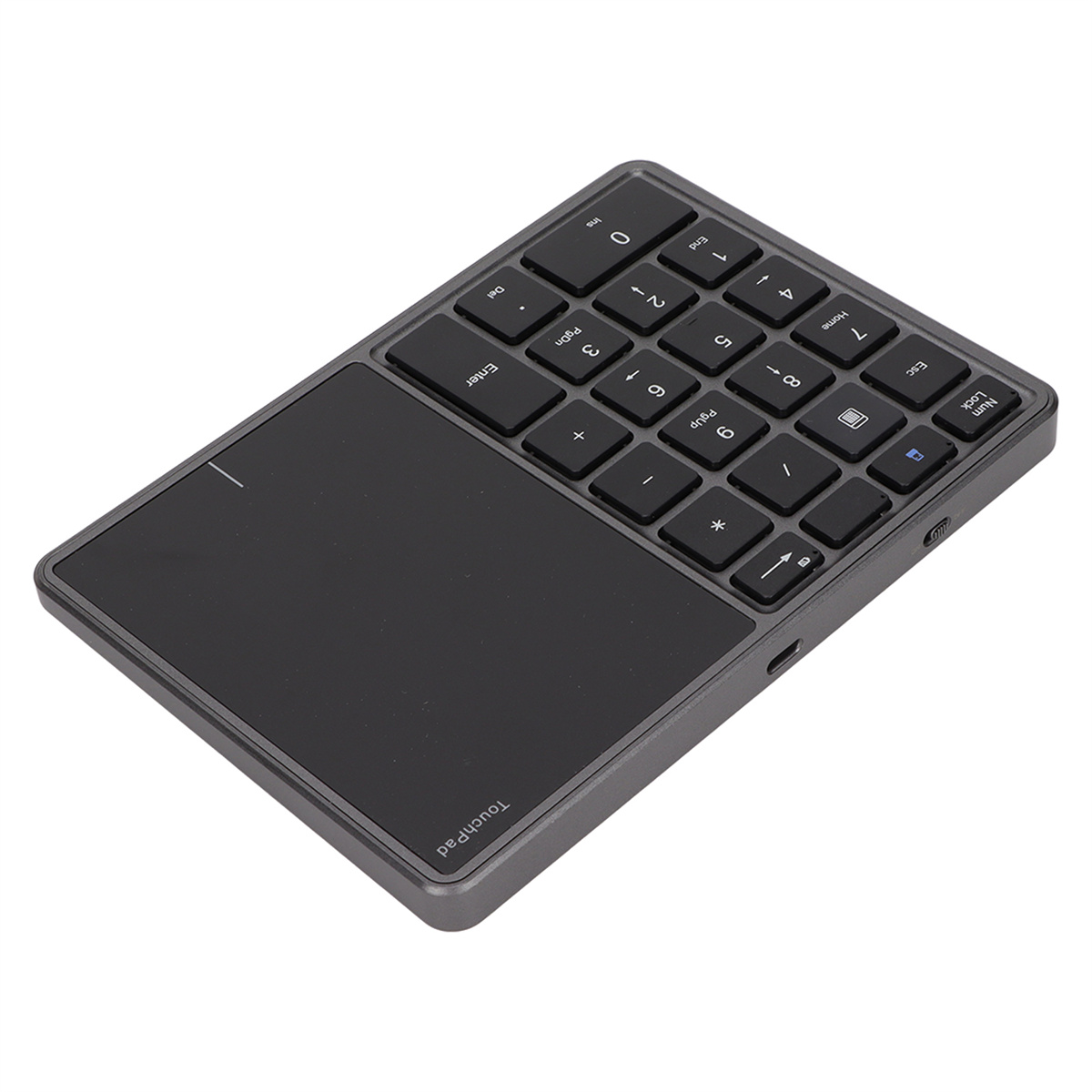 Schwarzer numerischer Ziffernblock mit Touchpad, grauer Rahmen, weißer Hintergrund.