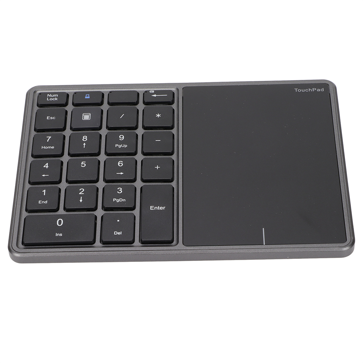 Ein numerischer Tastenblock mit Touchpad, schwarzen Tasten und einem dunkelgrauen Rahmen für die Eingabe von Zahlen.