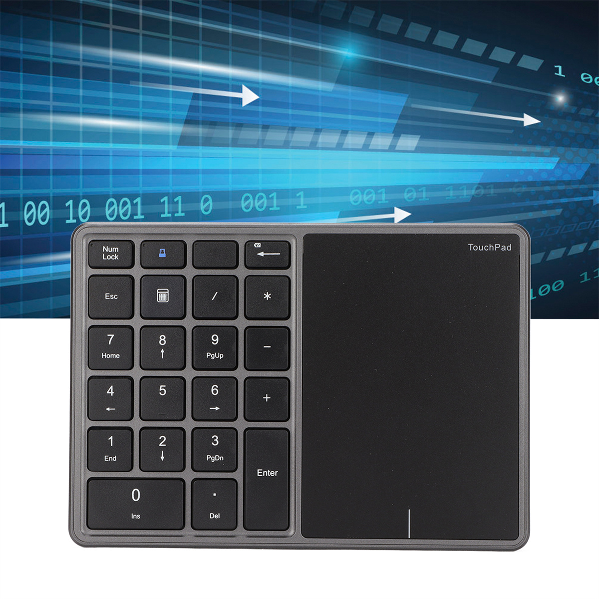 Kabelloser Nummernblock mit Touchpad, Zahlen, Symbolen und berührungsempfindlicher Fläche.