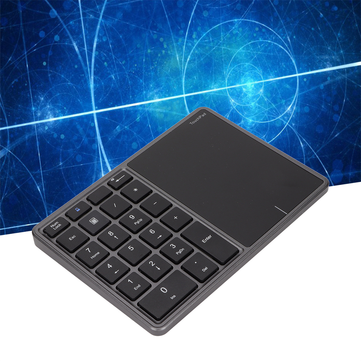 Schwarze Touchpad-Nummerntastatur mit grauem Rahmen, Tasten und Touchbereich.