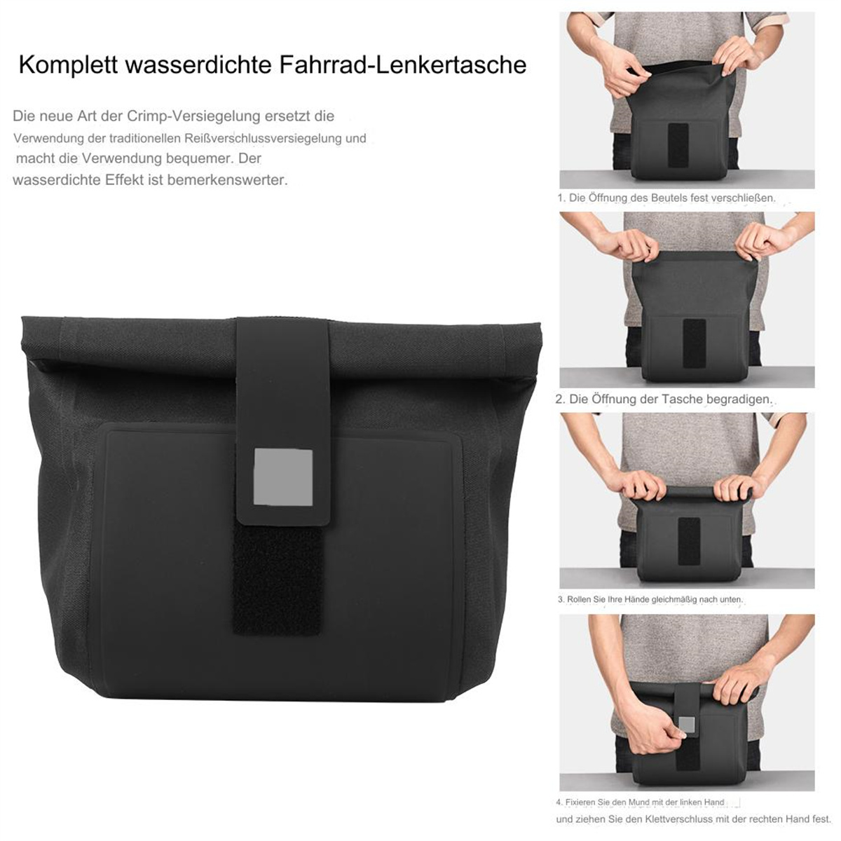 Schwarze wasserdichte Fahrrad-Lenkertasche mit Anweisungen. Bilder zeigen, wie man die Tasche schließt.